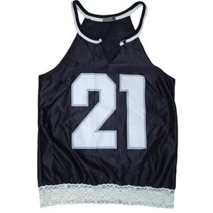 F2i f21 jersey #21 lace trim v cut tank top size medium juniors y2k black white